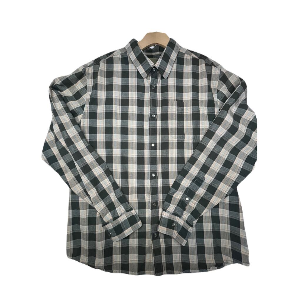 PrAna Mens Plaid Long Sleeve Snap Front Brown Tan 100% Cotton Size Large